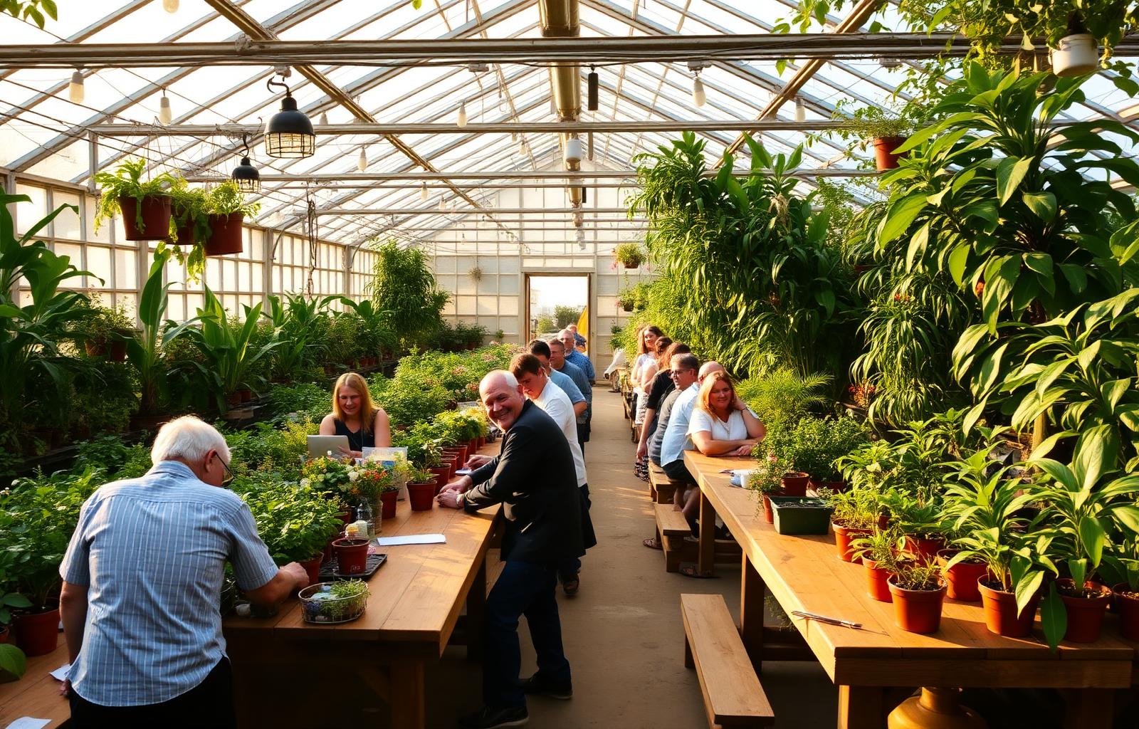 People playing Plant Bingo in a greenhouse